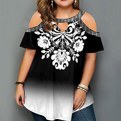 

Women's Plus Size Tops Blouse T shirt Print Tribal Hot Stamping Cut Out Short Sleeve Round Neck Ethnic Style Vintage Spring Summer Black Big Size L XL XXL XXXL 4XL / Holiday