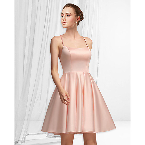 

A-Line Minimalist Sexy Graduation Party Wear Dress Spaghetti Strap Sleeveless Short / Mini Satin with Pleats 2021