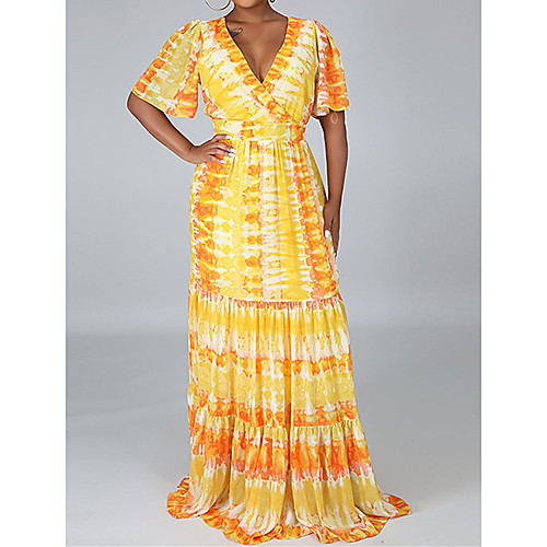 

Women's Swing Dress Maxi long Dress Orange Short Sleeve Multi Color Crossover Spring Summer V Neck Casual Holiday T-shirt Sleeve 2021 S M L XL XXL