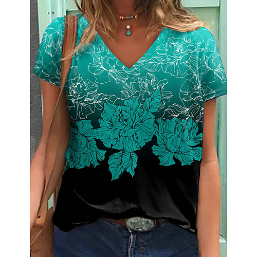 

Women's Floral Theme Painting T shirt Floral Color Block Print V Neck Basic Tops Green