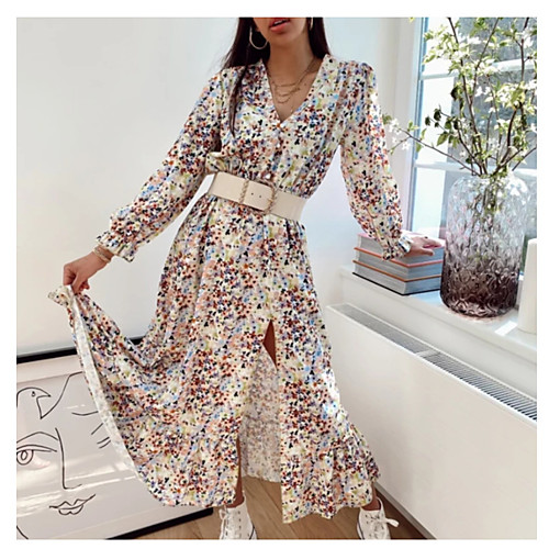 

Women's Swing Dress Midi Dress Red Beige Dark Blue Long Sleeve Floral Print Spring Summer Casual 2021 S M L XL XXL XXXL / Cotton