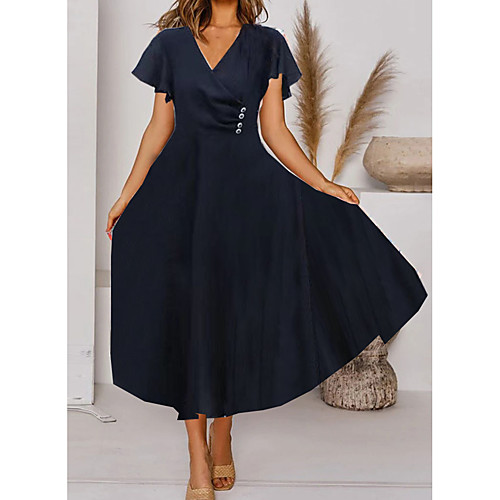 

Women's Swing Dress Midi Dress Yellow Black Red Short Sleeve Solid Color Ruched Button Spring Summer Elegant 2021 M L XL 2XL 3XL