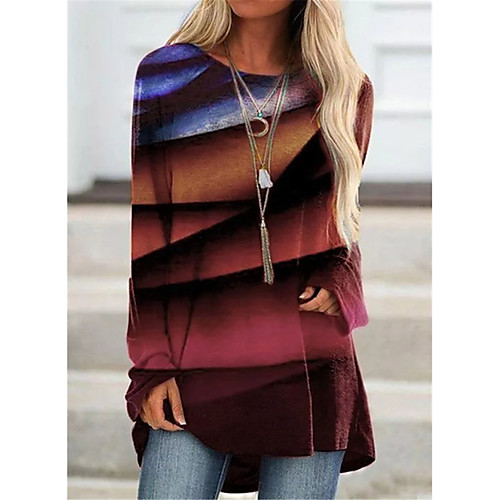 

Women's Going out Painting T shirt Dress Geometric Long Sleeve Print Round Neck Basic Tops Blue Purple Green