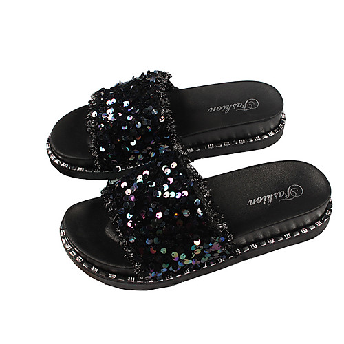 

Women's Slippers & Flip-Flops Flat Heel Open Toe Daily Home PVC Sequin Solid Colored Black / Gold Black Black / Blue