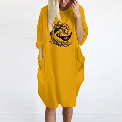 

Women's T Shirt Dress Tee Dress Knee Length Dress Blue Yellow Fuchsia Gray Green White Black Long Sleeve Print Spring Summer Round Neck Casual Oversized 2021 S M L XL XXL 3XL 4XL 5XL