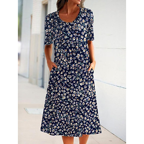 

Women's T Shirt Dress Tee Dress Midi Dress Hot-selling version, new styles, good data, welcome to the Blue Green Short Sleeve Dot Flower Spring Summer Round Neck Casual 2021 S M L XL 2XL