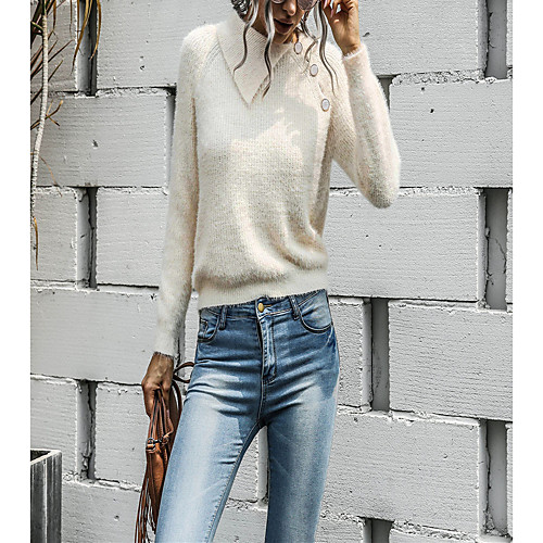 

Women's Casual Modern Style Solid Color Pullover Sweater Long Sleeve Sweater Cardigans High Neck Fall Winter Creamy-white