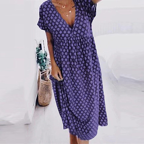 

Women's Shift Dress Midi Dress Blue Purple Wine Brown Short Sleeve Geometric Print Summer V Neck Casual 2021 S M L XL XXL 3XL 4XL 5XL