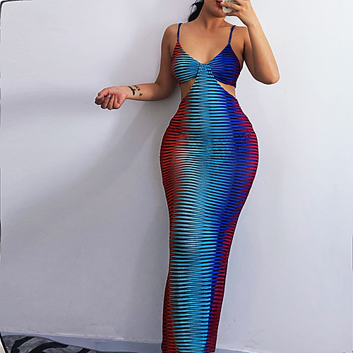 

Women's Sheath Dress Maxi long Dress Rainbow Sleeveless Striped Hollow To Waist Summer V Neck Casual Sexy 2021 S M L