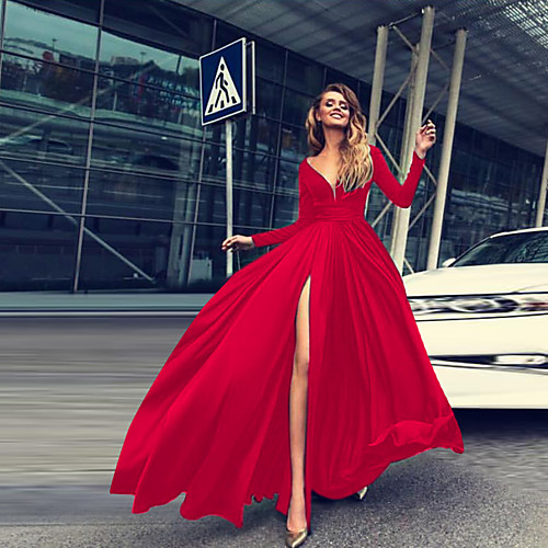

Women's Swing Dress Maxi long Dress Blue White Red Long Sleeve Solid Color Split Patchwork Fall Off Shoulder Elegant Sexy Party 2021 S M L XL / Mini