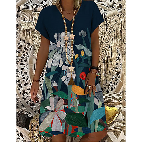 

Women's T Shirt Dress Tee Dress Knee Length Dress Navy Blue Short Sleeve Floral Print Print Summer V Neck Casual Holiday 2021 S M L XL XXL 3XL