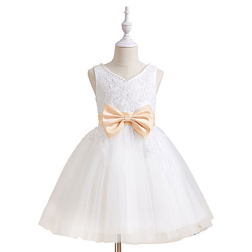 

A-Line Knee Length Flower Girl Dresses Party Chiffon Sleeveless V Neck with Bow(s)