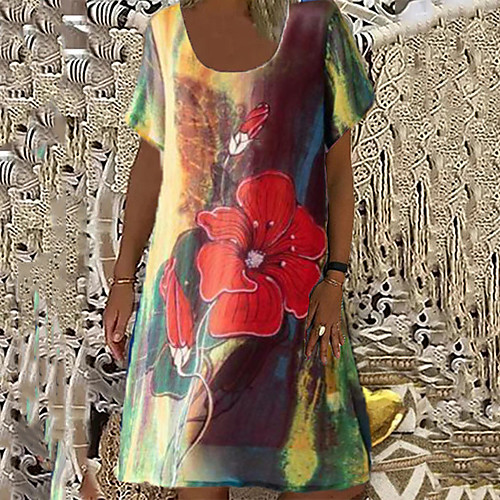 

Women's T Shirt Dress Tee Dress Knee Length Dress Green Short Sleeve Floral Print Spring Summer Round Neck Vintage Boho Holiday Retro L XL XXL 3XL 4XL / Beach
