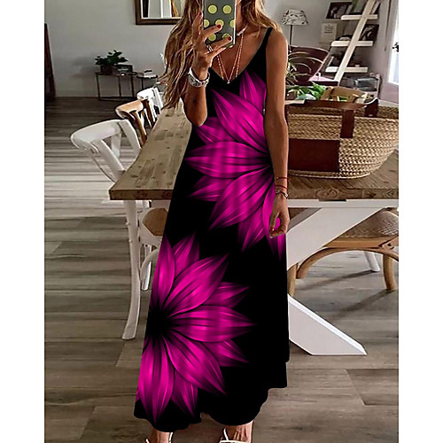 

Women's A Line Dress Maxi long Dress Black Sleeveless Floral Print Print Spring Summer V Neck Casual Holiday 2021 S M L XL XXL 3XL