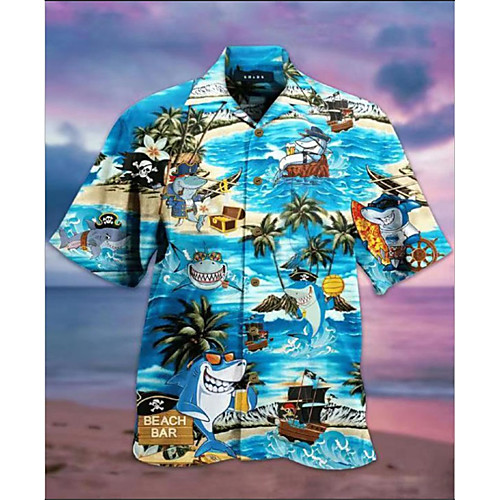 

Men's Shirt Hot Stamping Shark 3D Short Sleeve Holiday Tops Hawaiian Blue