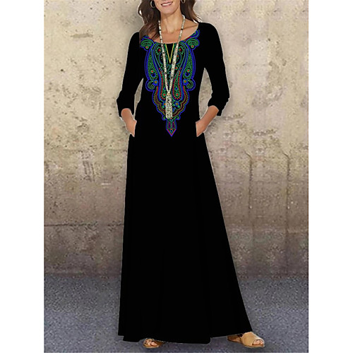 

Women's Shift Dress Maxi long Dress Black 3/4 Length Sleeve Print Print Spring Summer Round Neck Casual Holiday 2021 S M L XL XXL 3XL