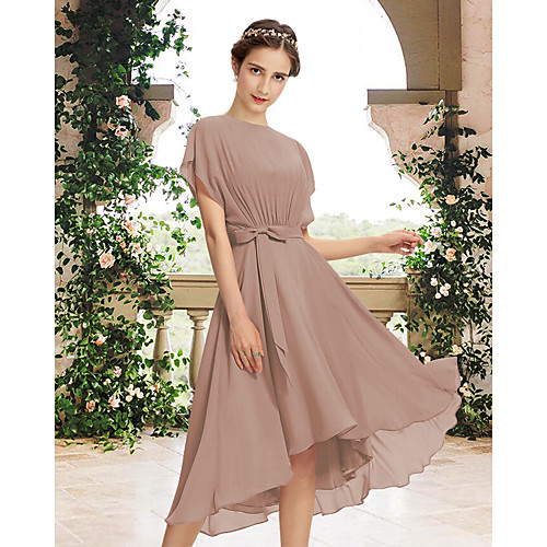 

A-Line Jewel Neck Tea Length Chiffon Bridesmaid Dress with Pleats