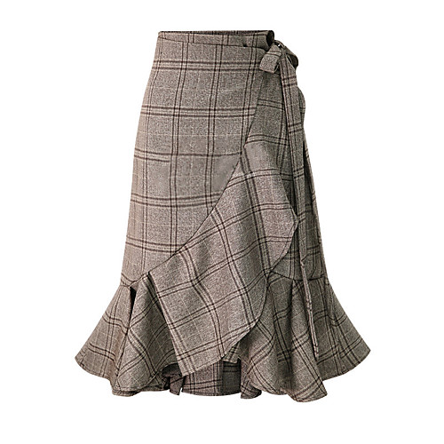 

Women's Vacation Casual / Daily Basic Streetwear Capris Skirts Plaid Checkered Layered Ruffle Light Brown Gray