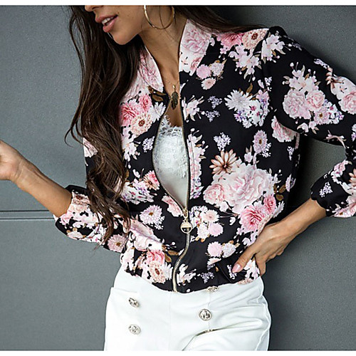 

Women's Coat Causal Fall Short Coat V Neck Standard Fit Casual Jacket Print Modern Style Black And White White flower