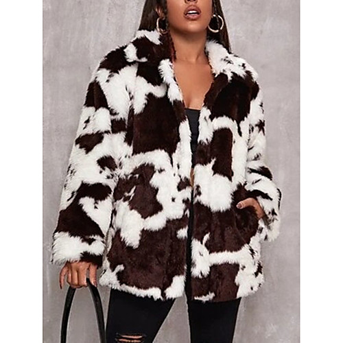 

Women's Faux Fur Coat Daily Winter Regular Coat Regular Fit Casual Jacket Long Sleeve Print Fur Trim Black