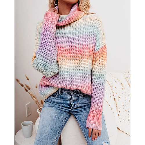 

Women's Active Multi Color Sweater Long Sleeve Sweater Cardigans High Neck Blue Rainbow