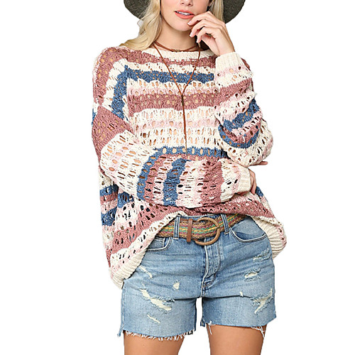 

Women's Elegant Casual Knitted Hole Multi Color Stripes Pullover Sweater Long Sleeve Sweater Cardigans Round Neck Fall Winter Brick red Black