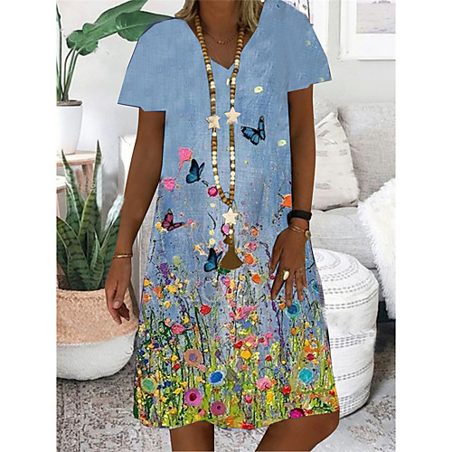 

Women's T Shirt Dress Tee Dress Knee Length Dress Blue Short Sleeve Floral Butterfly Print Summer V Neck Casual Holiday 2021 S M L XL XXL 3XL