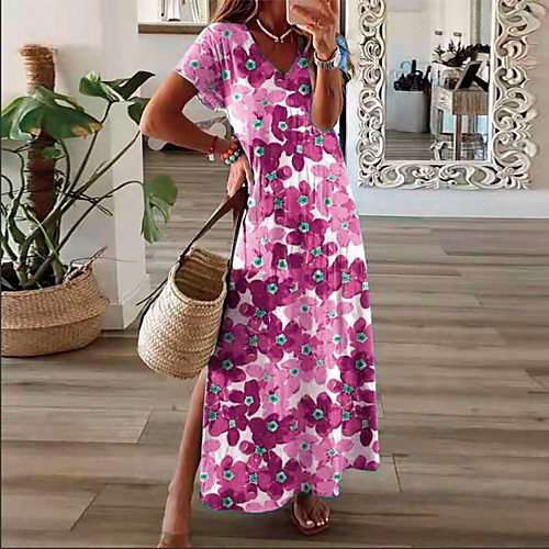 

Women's T Shirt Dress Tee Dress Midi Dress Blue Yellow Blushing Pink Fuchsia Green Short Sleeve Floral Split Print Summer V Neck Casual 2021 S M L XL XXL 3XL