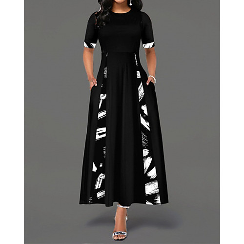 

Women's Swing Dress Midi Dress Black Long Sleeve Geometic Patchwork Spring Summer Round Neck Elegant 2021 S M L XL 2XL 3XL 4XL 5XL