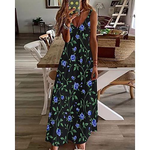 

Women's A Line Dress Maxi long Dress Navy Blue Sleeveless Floral Print Summer V Neck Casual 2021 S M L XL XXL 3XL