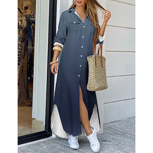 

Women's Shirt Dress Maxi long Dress Blue Long Sleeve Color Gradient Print Spring Summer Shirt Collar Casual 2021 S M L XL XXL 3XL