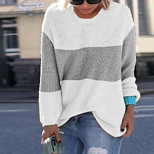 

Women's Knitted Color Block Sweater Long Sleeve Sweater Cardigans Crew Neck Fall Winter Blushing Pink White Beige