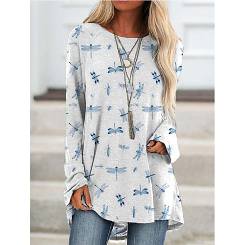 

Women's Painting T shirt Animal Long Sleeve Print Round Neck Basic Tops White