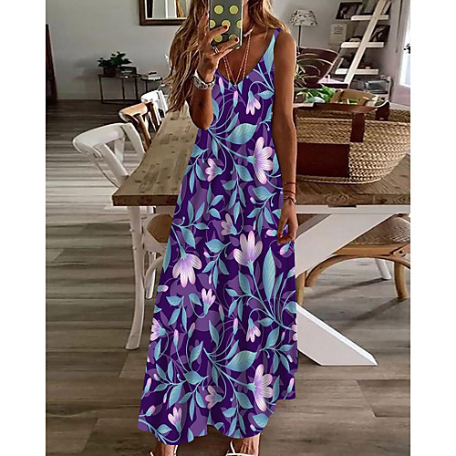 

Women's A Line Dress Maxi long Dress Purple Sleeveless Floral Print Summer V Neck Casual Holiday 2021 S M L XL XXL 3XL