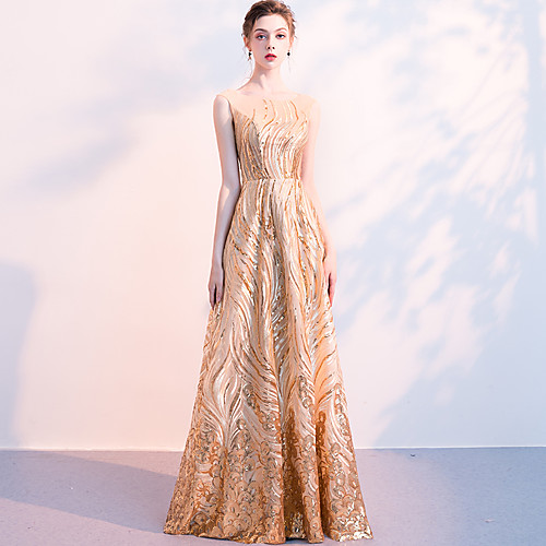 

A-Line Sparkle Elegant Prom Formal Evening Dress Jewel Neck Sleeveless Floor Length Sequined with Pleats Sequin 2021