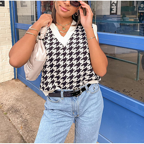 

Women's Houndstooth Vest Sleeveless Sweater Cardigans V Neck White