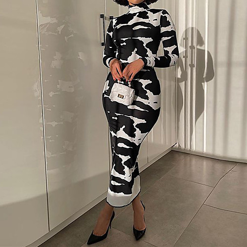 

Women's Sheath Dress Midi Dress Black Long Sleeve Milk Cows Modern Style Spring Summer High Neck Sexy 2021 S M L XL XXL 3XL 4XL 5XL