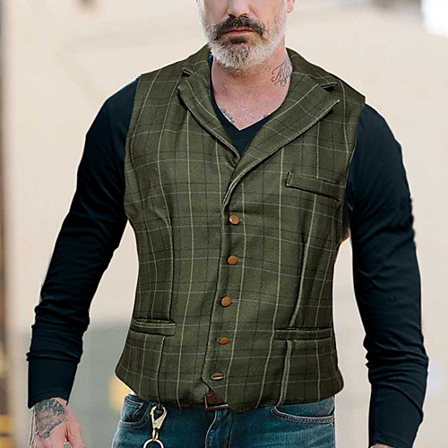 

Men's Suit Vest Waistcoat Party Evening Festival Casual Vintage British Plaid Single Breasted One-button Slim Polyester Men's Suit Green - Shirt Collar