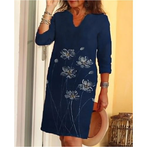 

Women's Shirt Dress Knee Length Dress Dark Blue Long Sleeve Floral Fall Casual 2021 S M L XL XXL 3XL