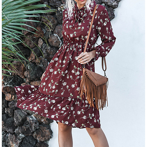 

Women's A Line Dress Knee Length Dress Red Wine Dark Blue Long Sleeve Floral Modern Style Fall Spring Round Neck Casual 2021 S M L
