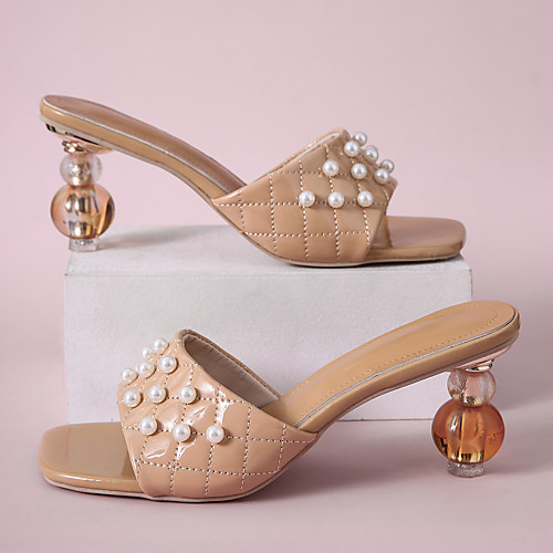 

Women's Sandals High Heel Square Toe Daily PU Pearl Check Almond Black Beige