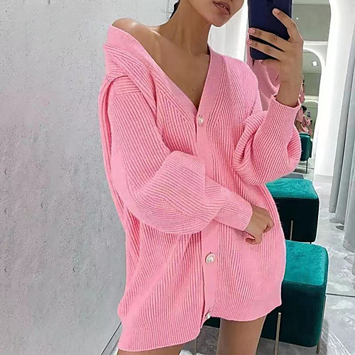 

Women's Casual Pure Color Mixed Color Pullover Sweater Co-ords Long Sleeve Sweater Cardigans V Neck Fall Winter Yellow Blushing Pink Green