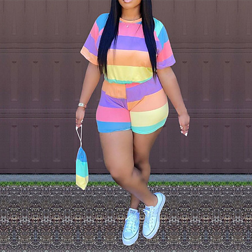 

Women's Plus Size Tops Set Multi Color Stripes Long Sleeve Round Neck Active Casual Spring Summer Rainbow Big Size XL XXL 3XL 4XL 5XL