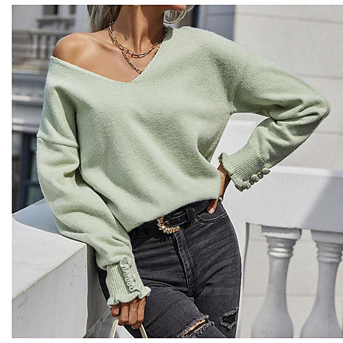 

Women's Casual Solid Color Pullover Sweater Long Sleeve Sweater Cardigans V Neck Fall Spring Light fruit green Orange White