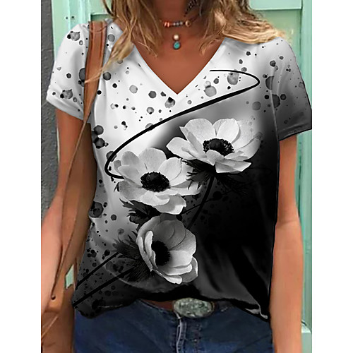 

Women's Floral Theme Abstract Painting T shirt Floral Graphic Color Block Print V Neck Basic Tops Black