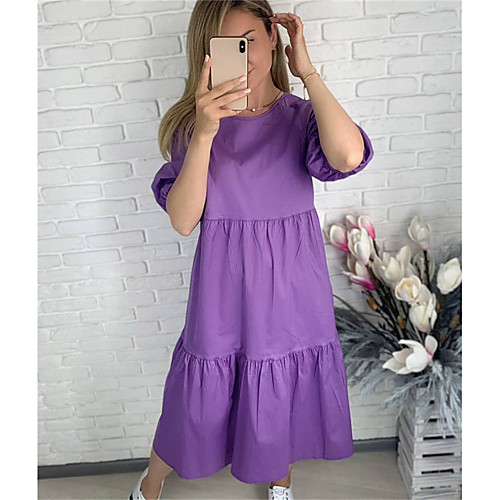 

Women's A Line Dress Midi Dress Purple Green White Black Brown Half Sleeve Solid Color Ruffle Spring Summer Round Neck Active Casual Holiday Loose 2021 S M L XL XXL XXXL