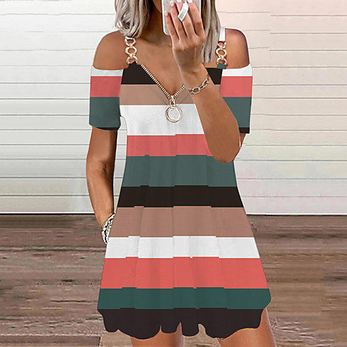 

Women's Strap Dress Knee Length Dress Blue Blushing Pink Gray Green White Black Red Light Blue Short Sleeve Floral Striped Print Zipper Print Summer V Neck Casual 2021 S M L XL XXL
