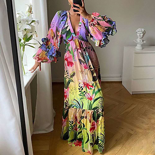 

Women's Swing Dress Maxi long Dress Rainbow Long Sleeve Flower Ruffle Spring Summer Deep V Active 2021 S M L XL XXL XXXL 4XL