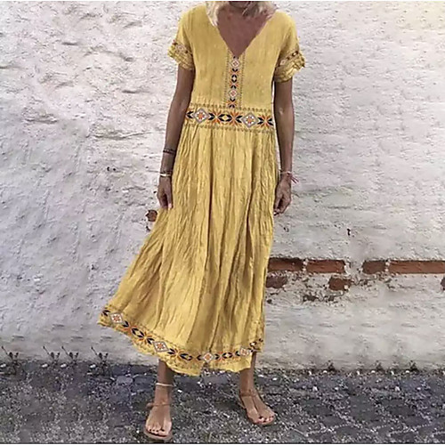 

Women's Loose Maxi long Dress Light Blue Yellow Blushing Pink White Short Sleeve Print Solid Color Pure Color Spring Summer V Neck Casual Holiday 2021 S M L XL XXL XXXL