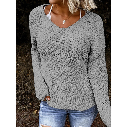 

Women's Solid Color Pullover Long Sleeve Sweater Cardigans V Neck Navy Wine Red Gray